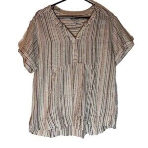Lucky Brand Peasant Blouse M Cream Gray Silver Stripe Boho Chic Casual Top